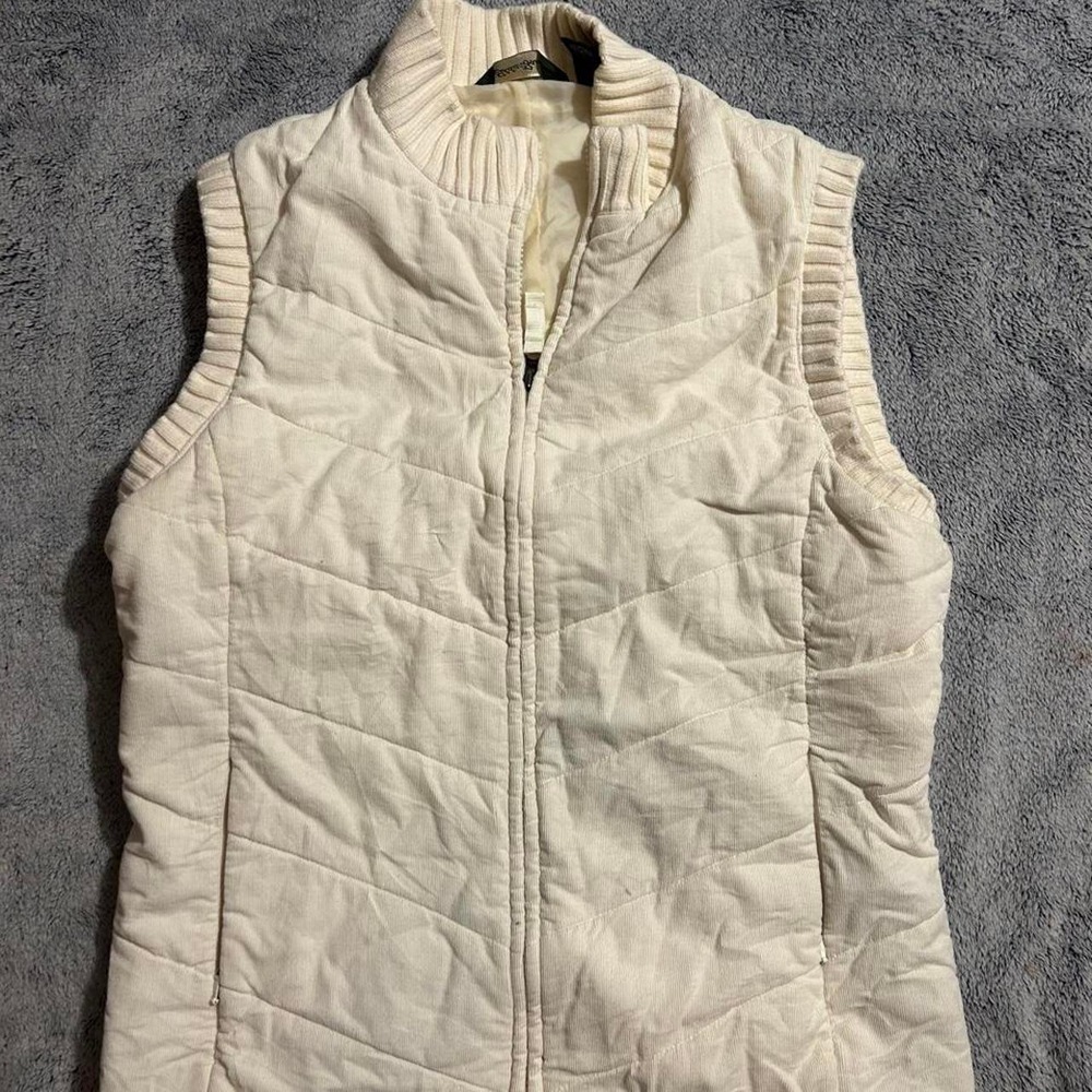 Eddie Bauer Womens M Ivory Quilted Puffer Vest Corduroy Rib Knit Collar Full Zip